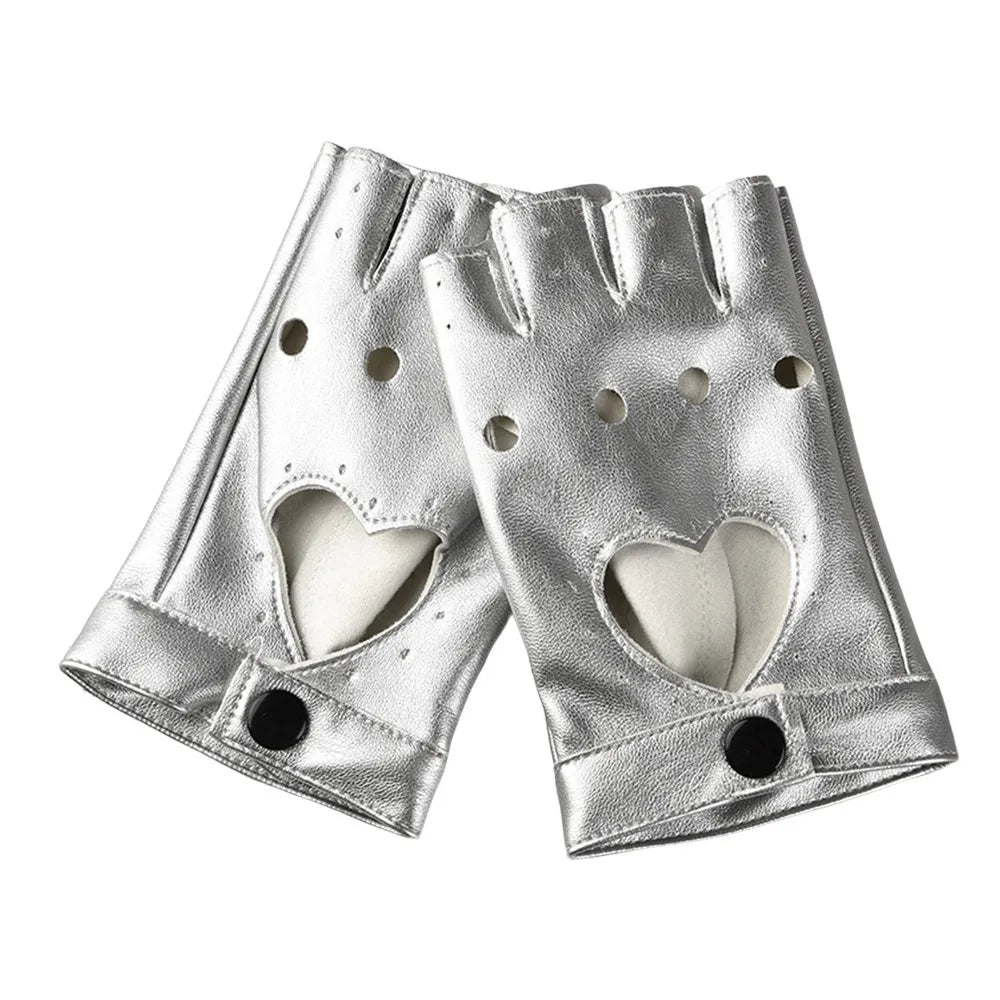 New Fashion PU Leather Fingerless Dance Glove Gothic lolita Jazz Style Driving Dress Performance Mittens Quake Silver