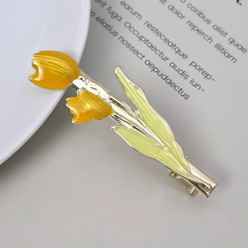 Fashion Korean Colorful Dripping Flower Hairpin Tulip Metal Duck Bill Bangs Girls Women Headwear Hair Styling Tools Accessories Quake 2