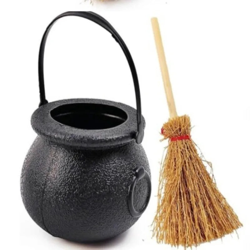 Witch Cauldron Candy Pail Handheld Flame Pumpkin Bucket Halloween St Patricks Day Festival Party Decoration Treat Holder Quake broom
