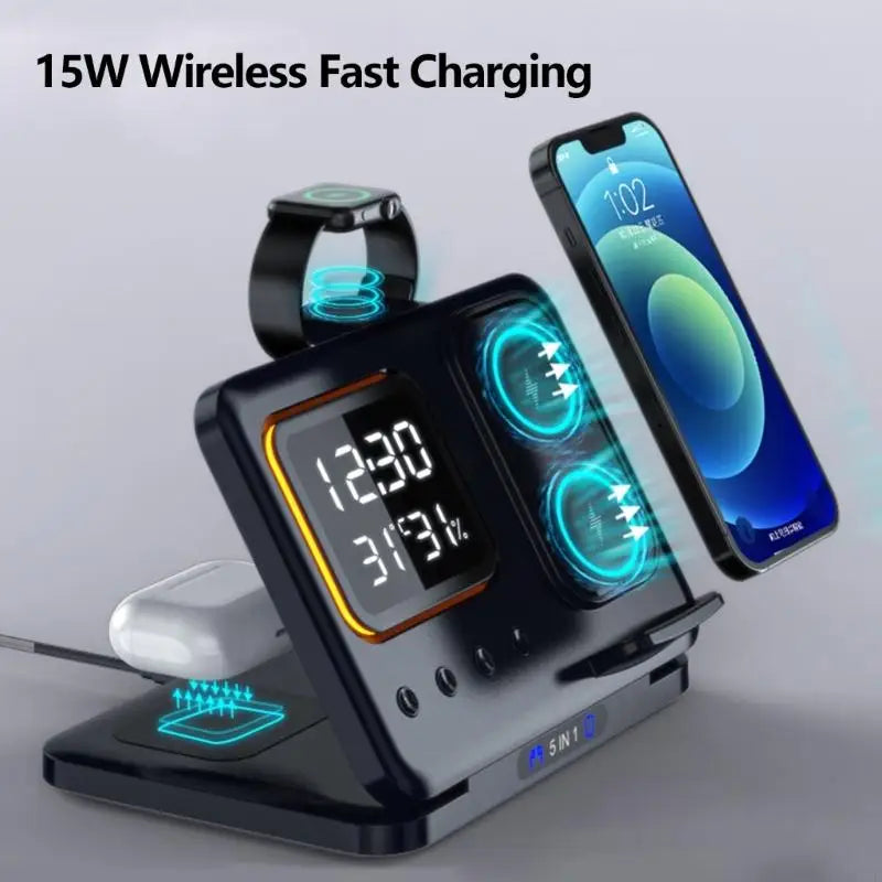 5 In 1 Wireless Charging Station With LED Clock And Night Light Suitable For Bedside Office Desk Convenient Phone Stand K1KF Quake