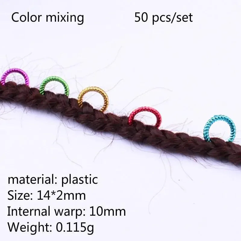 50pcs/set Long Hair Braid Beads Hair Clip Braids Colorful Dreadlock Ring Beads Hair Braider Styling Tool Hairs Accessories Quake