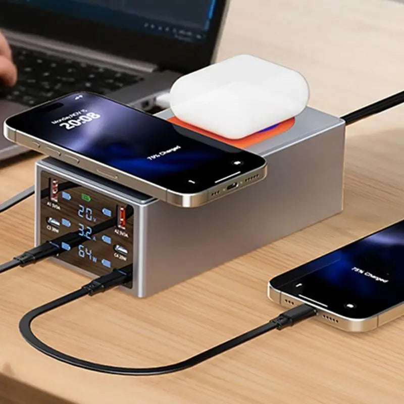 220W Intelligent Charging Station with Double Wireless Chargers & Multiple USB Port Suitable for Phones Tablets K1KF Quake CN