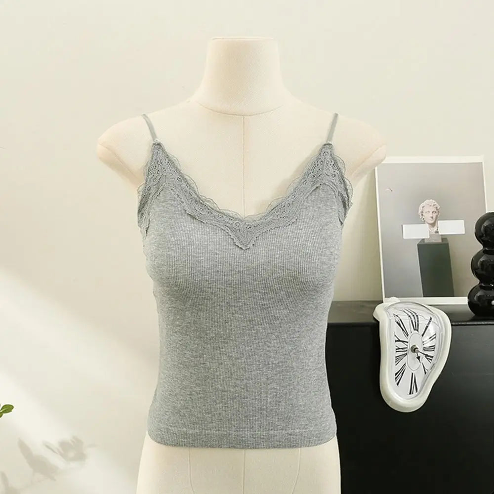 Fashion Breathable Lace Camisole Wire-Free Solid Color Summer Top Strap Bra Sexy Style Bottoming Shirt Quake Grey S