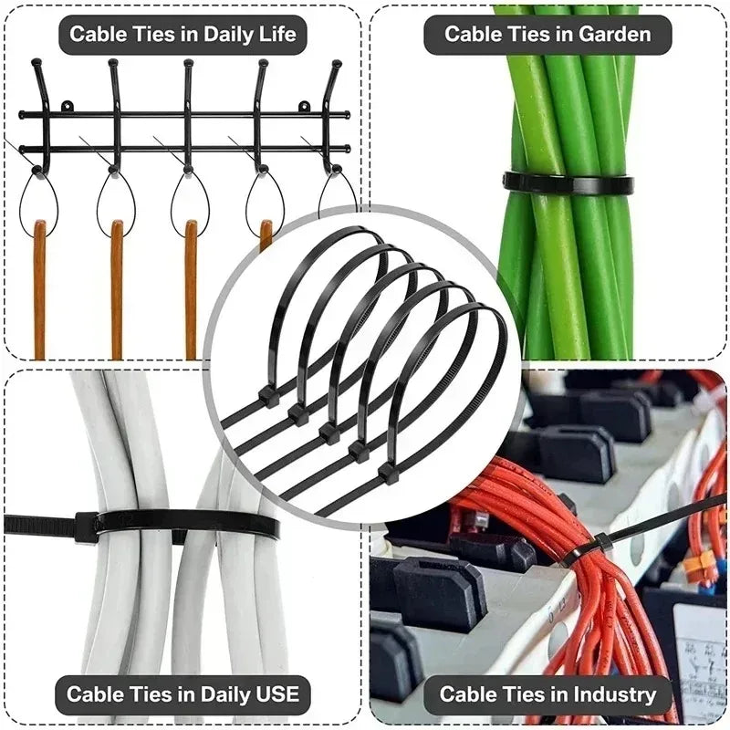 500/100Pcs Nylon Cable Tie Plastic Self-locking Binding Tape Black White Adjustable Cables Fastening Loop Wrap Strap Cable Tie Quake