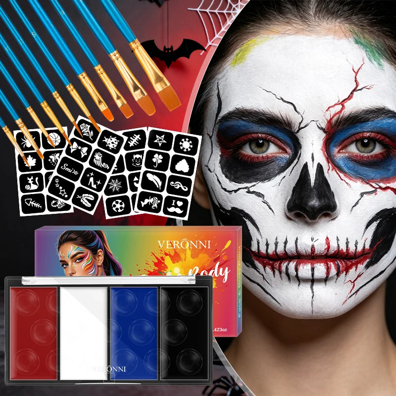 4 Color Lasting Face Body Painting Kit for Kids Adult,Face Paint template with Brush,Halloween Carnival Artist Cosplay Art Party Quake