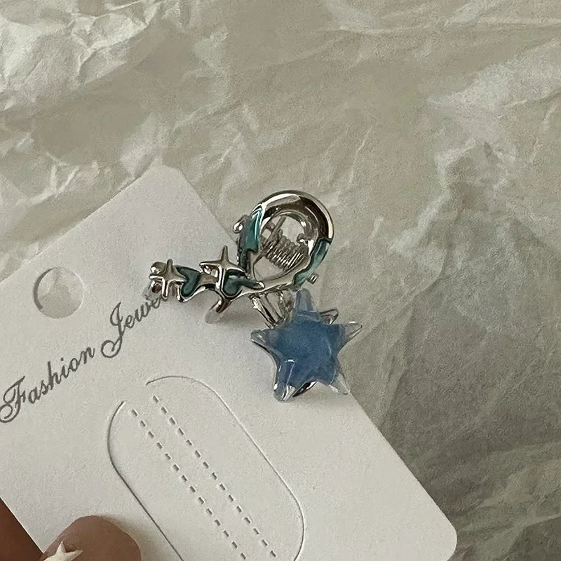 Y2K Blue Silver Alloy Hair Clip Korean Simple Girls Blue Rhinestone Star Metal Duckbill Clip Bangs Side Clip Hair Accessories Quake xzj