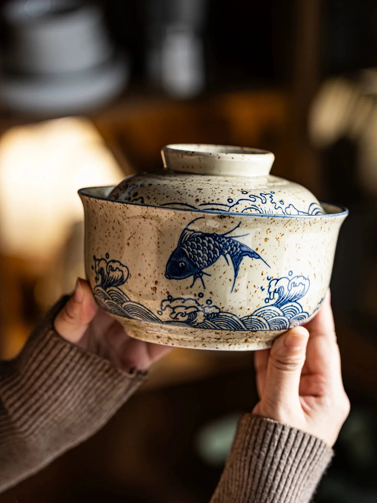 YWDL 750ml Japanese Style Ceramic Bowl With Lid Vintage Soup Bowl Microwave Safe Ramen Rice Serving Bowl For Home Kitchen Quake