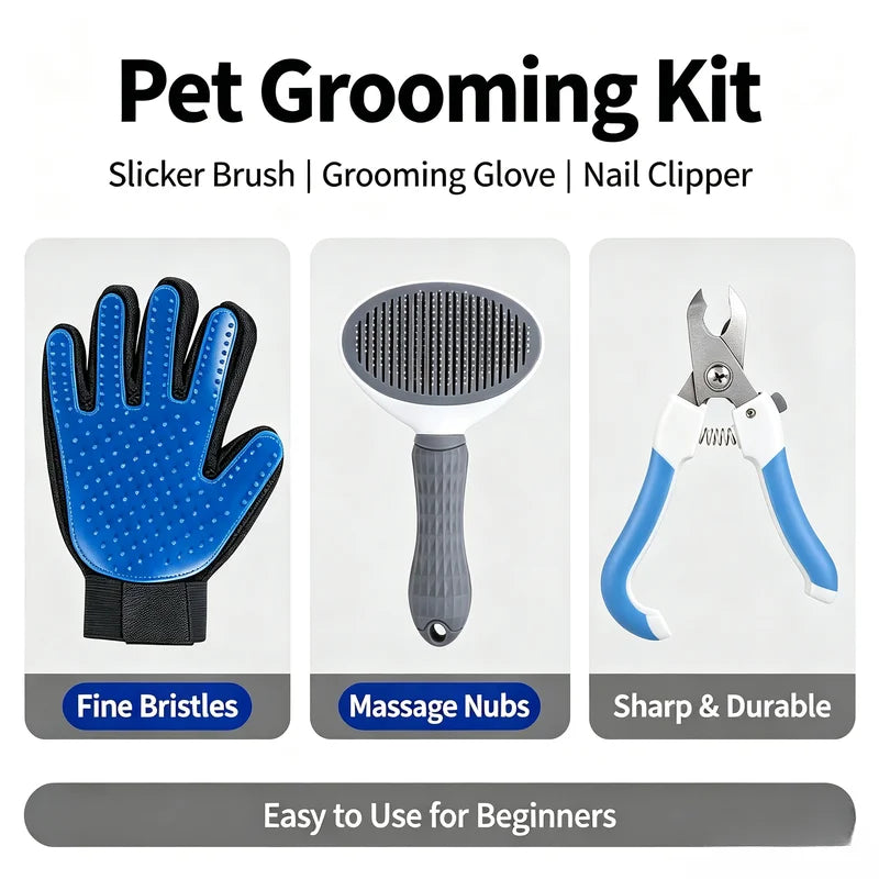 Pet Grooming Kit 3Pcs Dog Cat Grooming Glove Self‑Cleaning Slicker Brush Pet Nail Clipper For Cats Dog Hair Remover Massage Tool Quake