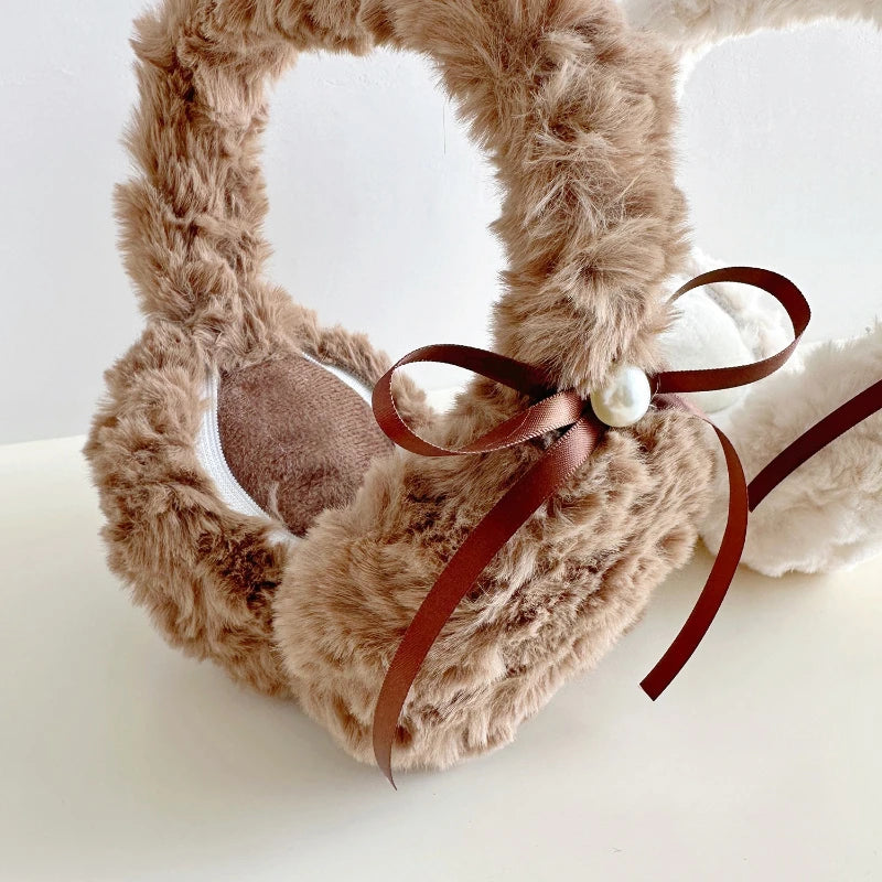 1pc Winter Warm Sun Pearl Bow Plush Earrings Female Students Windproof Ear Protection Warm Earrings Quake