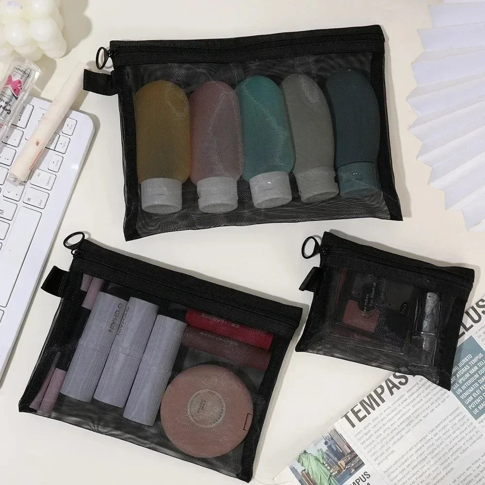 12/1PCS Black Mesh Cosmetic Bag Large Capacity Transparent Makeup Bag Portable Travel Toiletry Organizer Lipstick Storage Pouch Quake