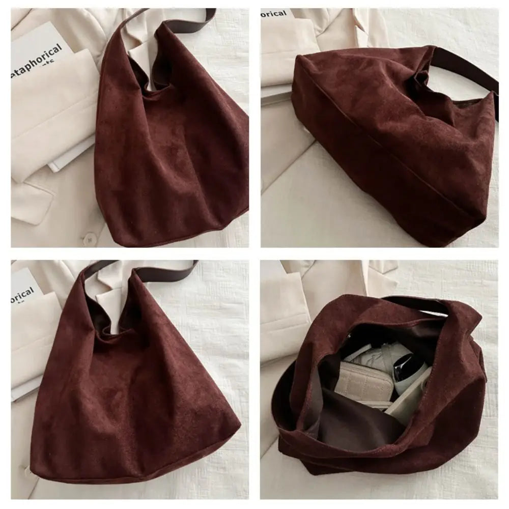 New Autumn and Winter Vintage Women's Bag Large Capacity Fashion Suede Shoulder Bag Simple Solid Color Versatile Bucket Bag Quake