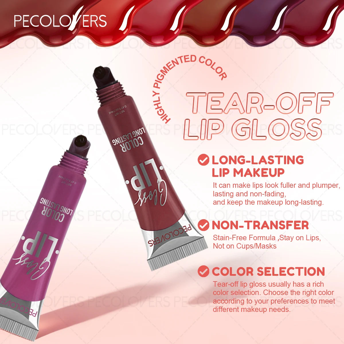 1PC Tearable Lip Gloss, Long-lasting Lipstick, Waterproof, Non Stick To Cup, Multi Color Selection, Lip Makeup Quake