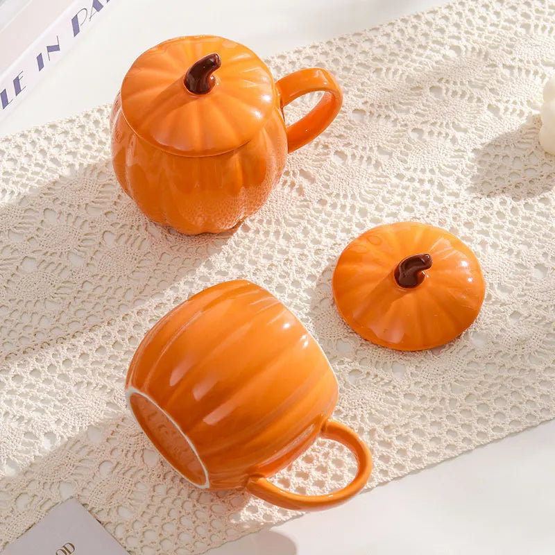 1/2 PCS Cute Pumpkin Ceramic Mug with Lid, 450ml, Coffee Water Milk Oatmeal Cup, Gift for Christmas Halloween Easter Kids Quake