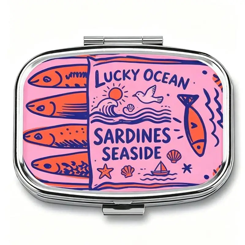 1Pcs 2-Compartment Retro Sardine Print Pill Box Metal Mini Organizer For Women Travel Jewelry Medicine Candy Storage Quake A2