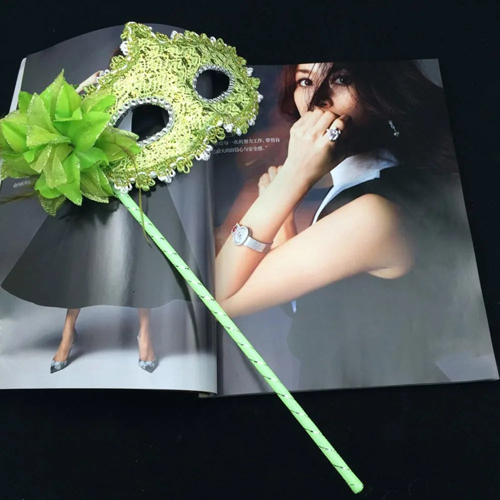 Stick Side Feather Flower Handheld Masquerade Masks Festival Costume Party With Holding Stick Translucent Half Face Mask Feather Quake Green