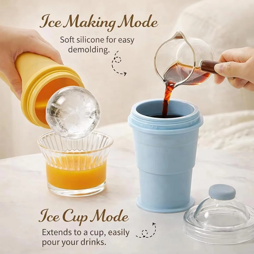 2-in-1 Collapsible Silicone Ice Ball Cup Reusable Portable Ice Sphere Mold with Straw Lid for Coffee Juice Drinks Quake