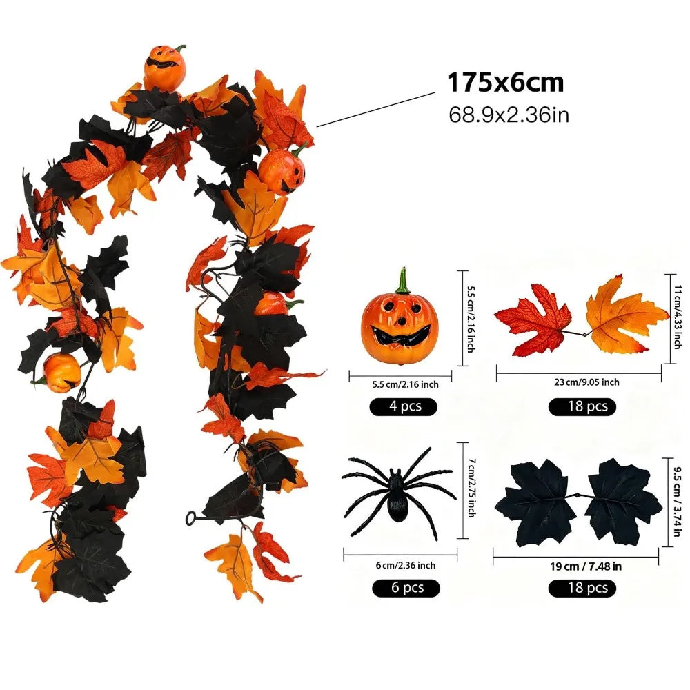 Artificial Maple Leaves Garland Autumn Vine with Fake Pumpkin Ornaments for Halloween Thanksgiving Fireplace Table Fall Decor Quake