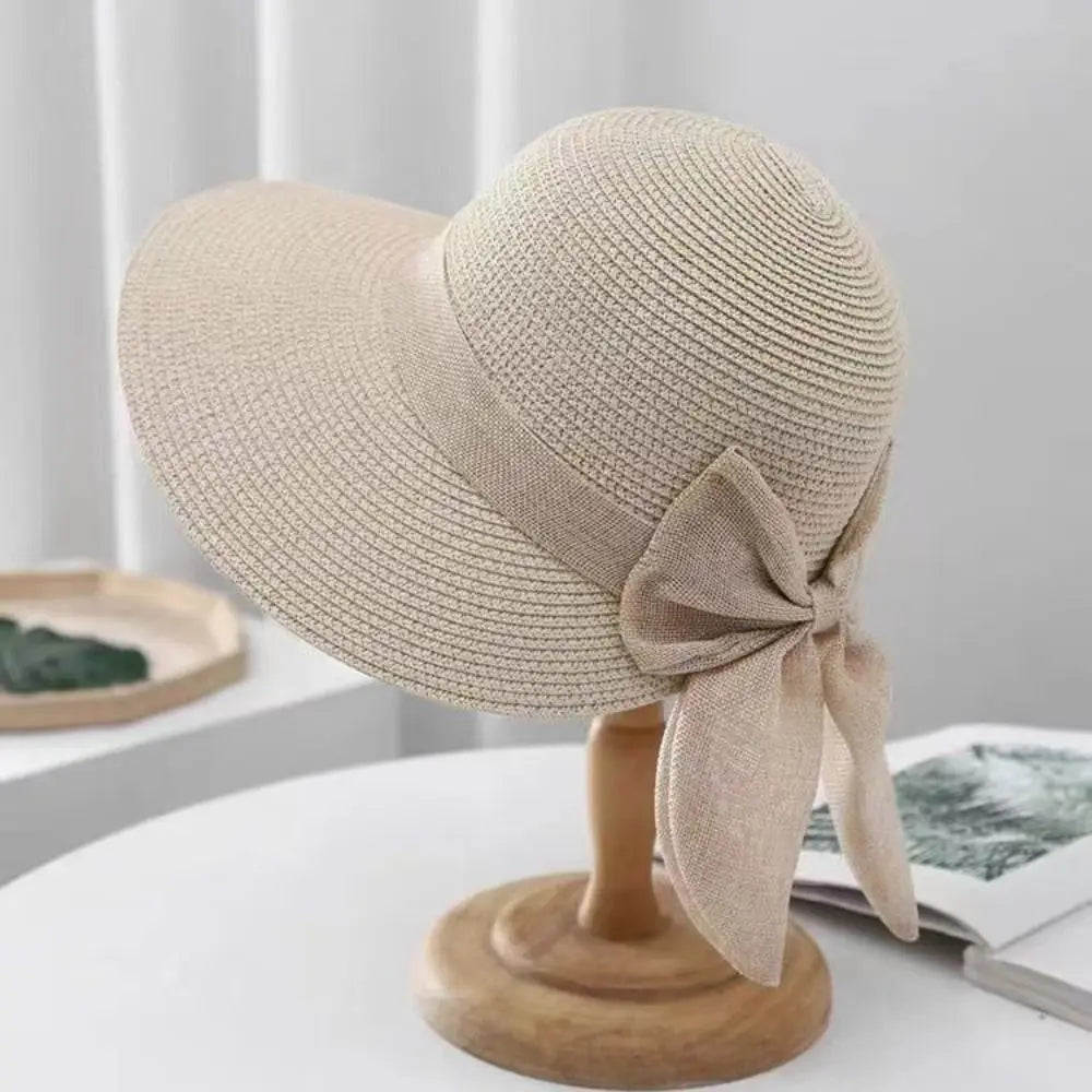 Summer UV Protection Sun Hat Wide Brim Bowknot Beach Cap Travel Fashion Panama Cap for Women Quake Beige