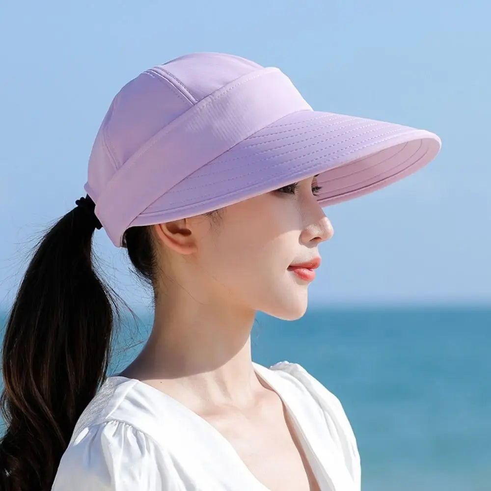 Outdoor Wide Brim Women Summer Sun Hat UV Protection Detachable Empty Top Ponytail Cap Foldable Adjustable Beach Cap Quake purple