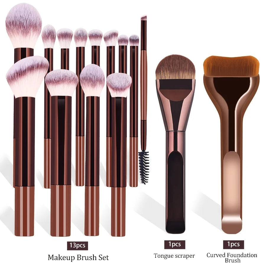 15Pcs Professional Makeup Brushes Set Soft Synthetic Hair Foundation Powder Blush Eyeshadow Eyebrow Cosmetic Brush Beauty Make U Quake Coffee Brown