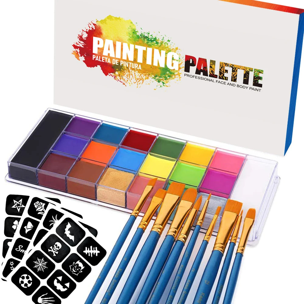 20 Color Face Body Paint Palette,10 Brush + 4 Paint Stencils Ideal for Halloween Cosplay Party SFX Stage Makeup Painting Kit Quake 3-Piece Set
