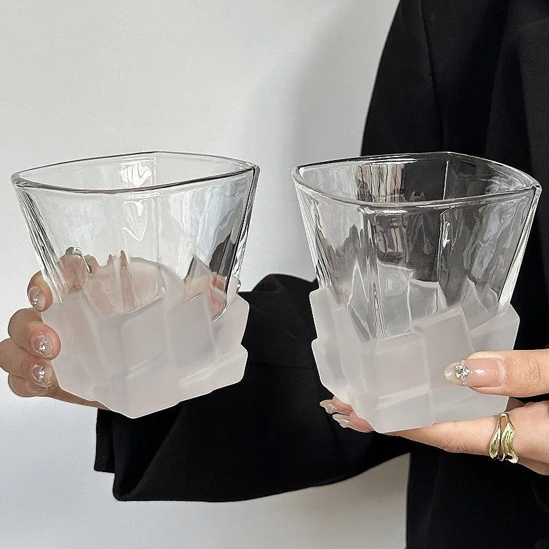 Creative Frosted Ice‑Block Glass Cup Luxury Whiskey Glass Vintage Art Drinking Cup for Cocktail Juice Beverage Quake