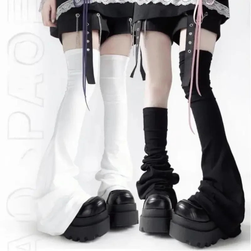 1 Pair Y2K Black White Gothic Lolita Over Knee High Socks Leg Stockings & Horn Shaped Cuffs Leg Warmers Quake