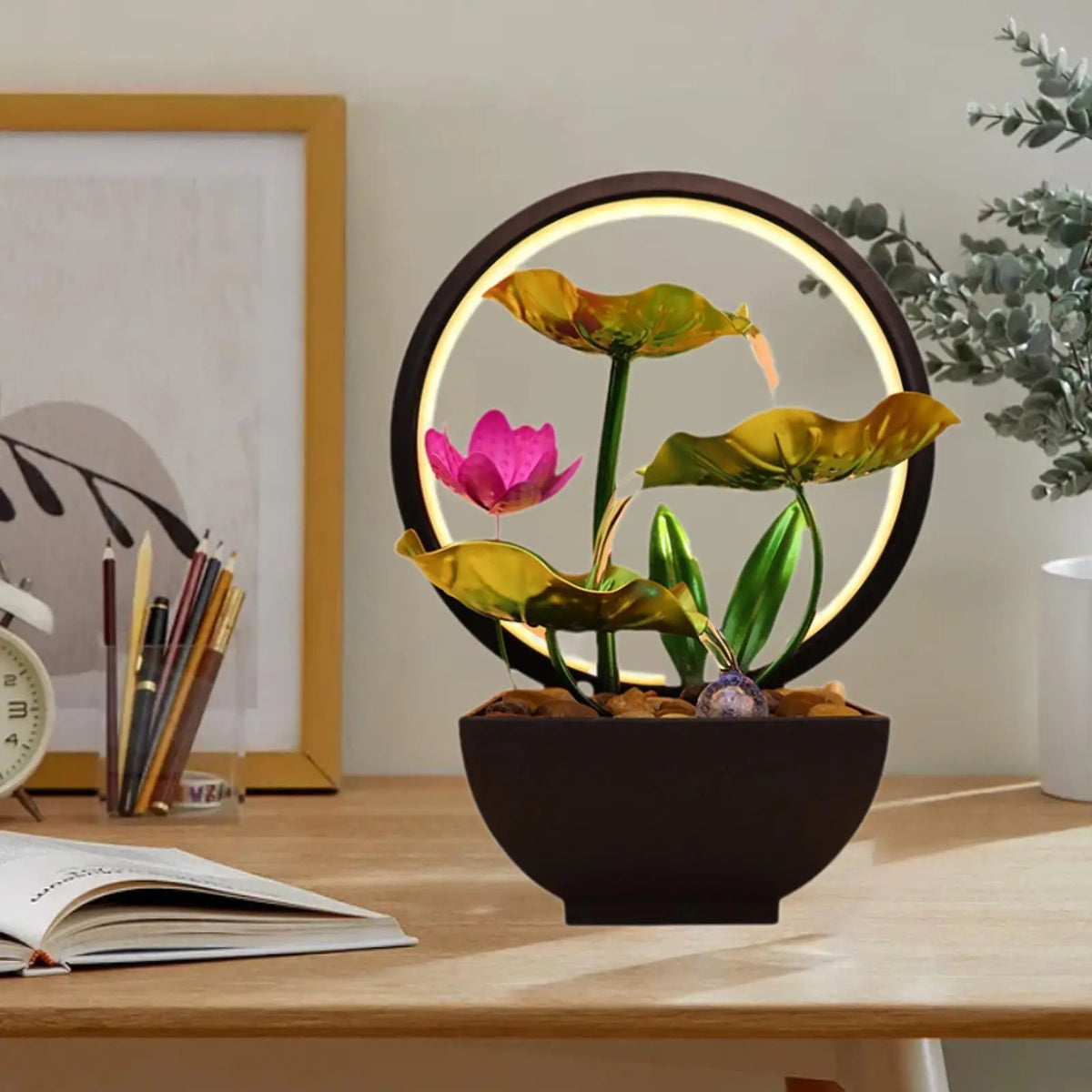 Table fountain with light figure for office, indoor, garden, bedroom Quake Green