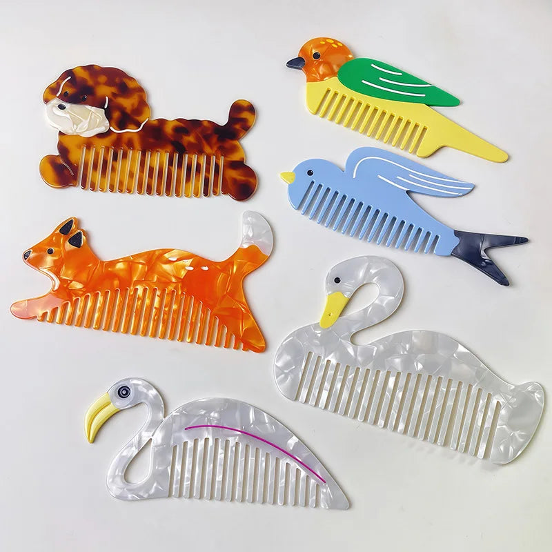 Acetic Acid Wide Tooth Comb Cute Cartoon Animal Detangling Hair Brush Dog Swan Pattern Small Pocket Comb Salon Hair Accessories Quake