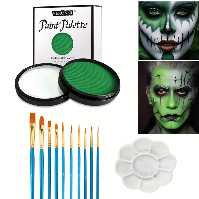 30G Water Monochromatic Face Body Painting Palette Halloween Face Body Paint Makeup Body Partie 10 Brushes and Palettes Set Quake 3pcs greener