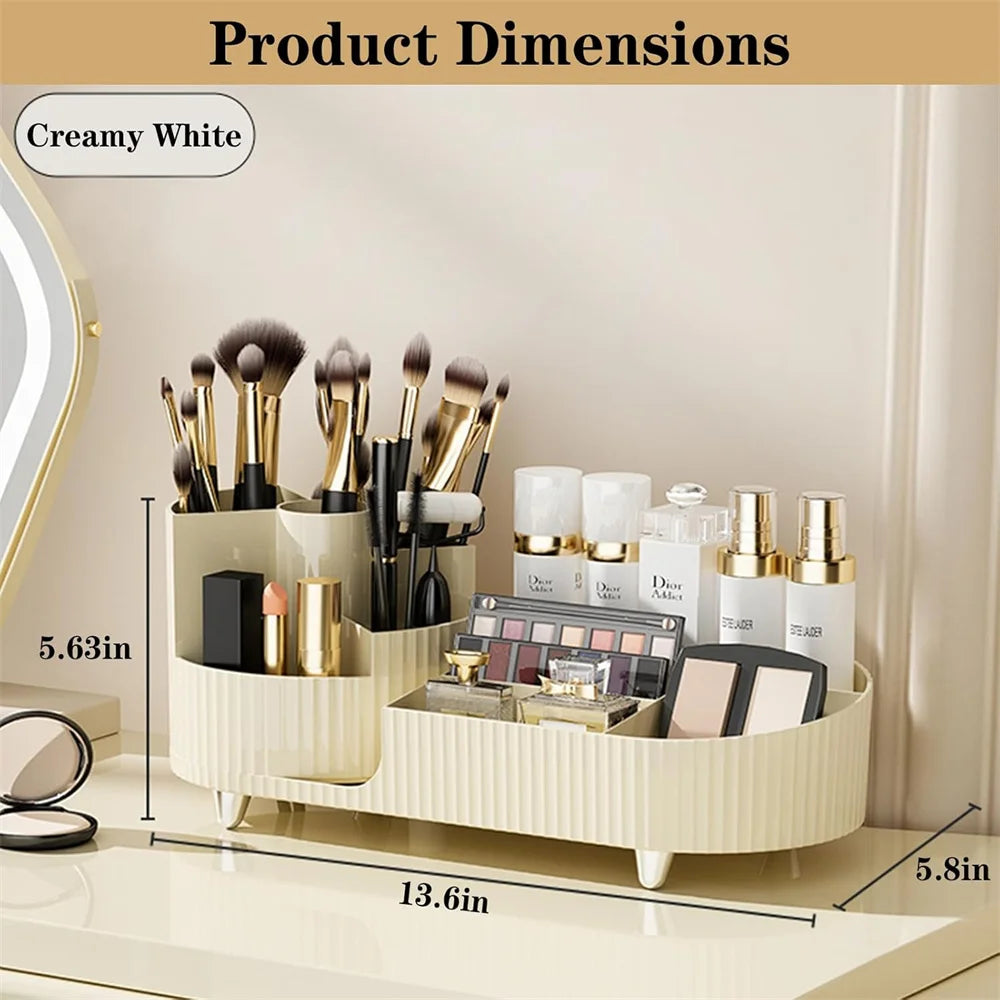 360° Rotating Makeup Organizer for Vanity with Brush Holder, Cosmetic Makeup Storage Organizer, Large Spinning Makeup Organizer Quake