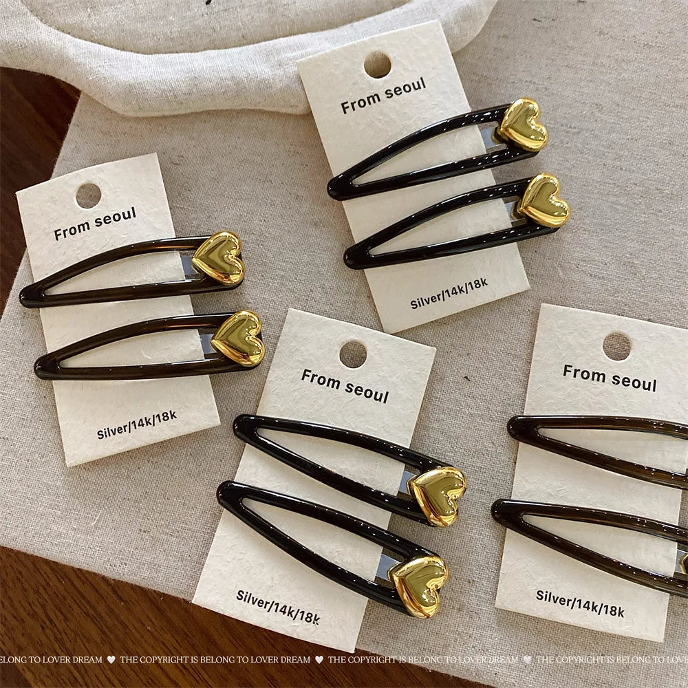 Golden Heart-shaped Black BB Clip Korean Fashion Simple Forehead Bangs Side Clip Women Girls Versatile Hair Styling Accessories Quake