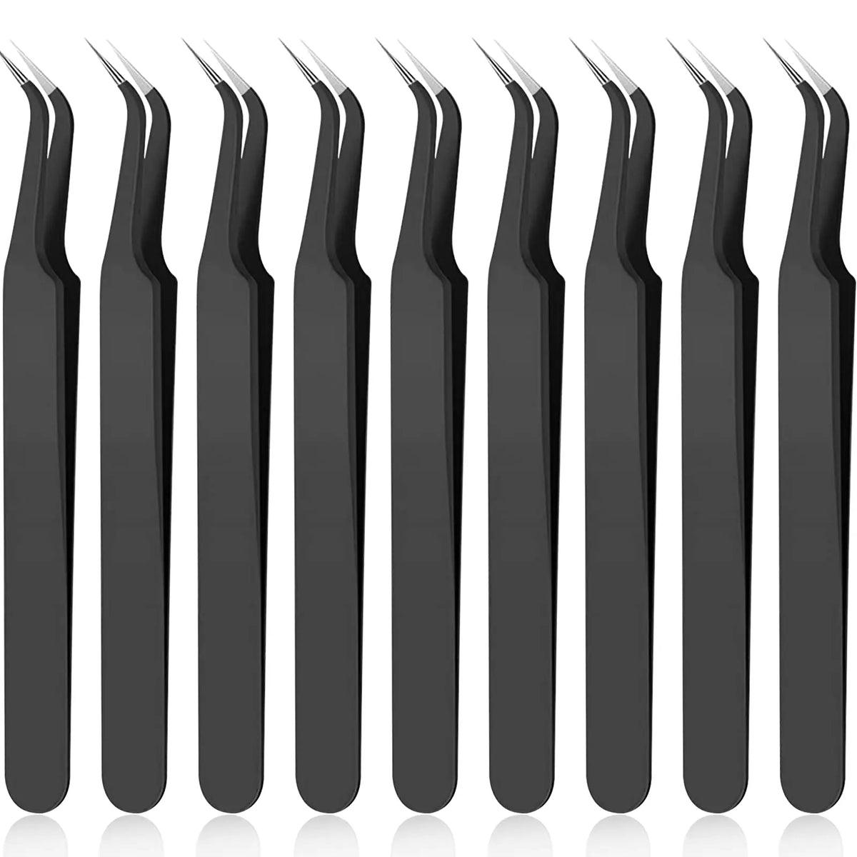 Tweezers with Protective Cover Curved Tip 1/9Pcs Eyelash Extension Tweezers, Stainless Steel Curved Tip Tweezers Pointed Tip Quake Black 9 Pcs