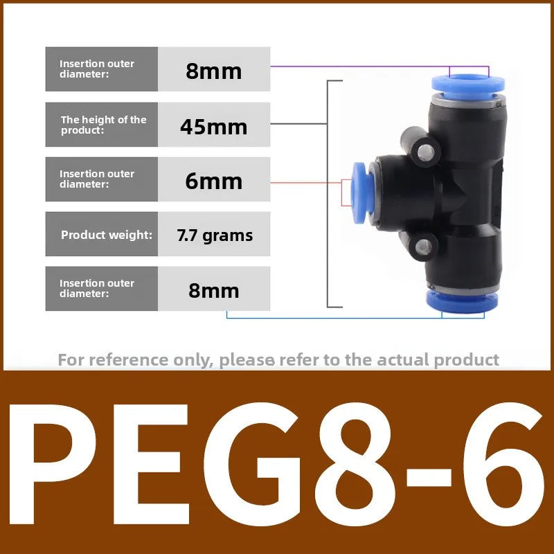 PEG Pneumatic Air Connector Quick Fitting Tee Reducer 3 Way T-shaped Plastic Pipe Hose Connector 6-4/8-6/10-8/10-6/12-8/12-10 Quake PEG8-6 3pcs
