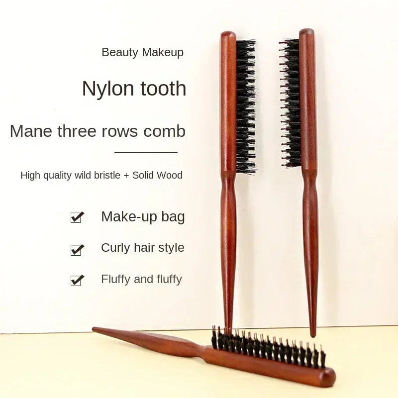 Wooden Handle Hairdressing Hair Comb Hair Fluffy Three Rows Boar Bristle Combs Back Teasing Brush Salon Supply Styling Tools New Quake