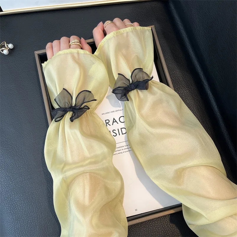 Elegant Sheer Arm Sleeves with Black Bow Decor Sweet Feminine Sun Protection Accessory for Dresses and Outfits Quake green One Size