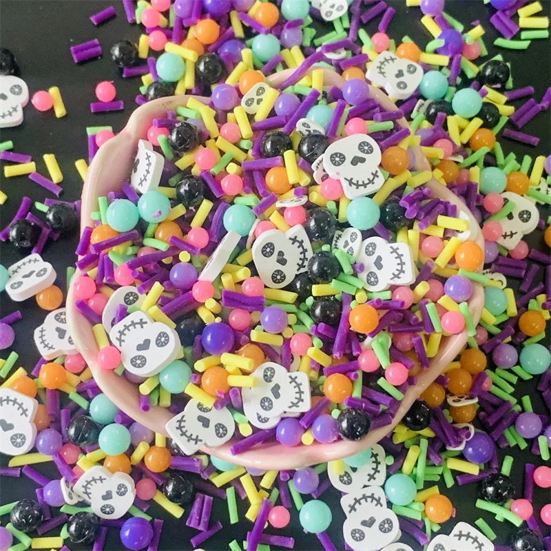 50g Halloween white Skull Slices Polymer Hot Clay mixed Ball Sprinkles Red Ball for Crafts DIY Slime Filling Accessories Quake mixed 1