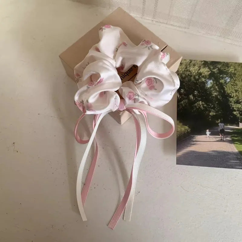 Satin Floral Bow Headband Sweet Girl Double Ponytail Large Intestine Headband Hair Accessory Quake