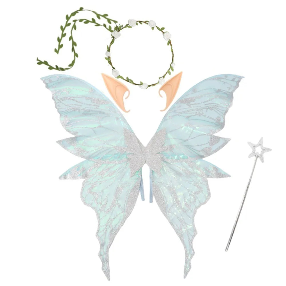 Flower Crown Fairy Costume Set Star Wand Gold Foil Fairy Butterfly Wings Dress-Up Elf Ears Sparkling Angel Wings for Kids Adults Quake Silver