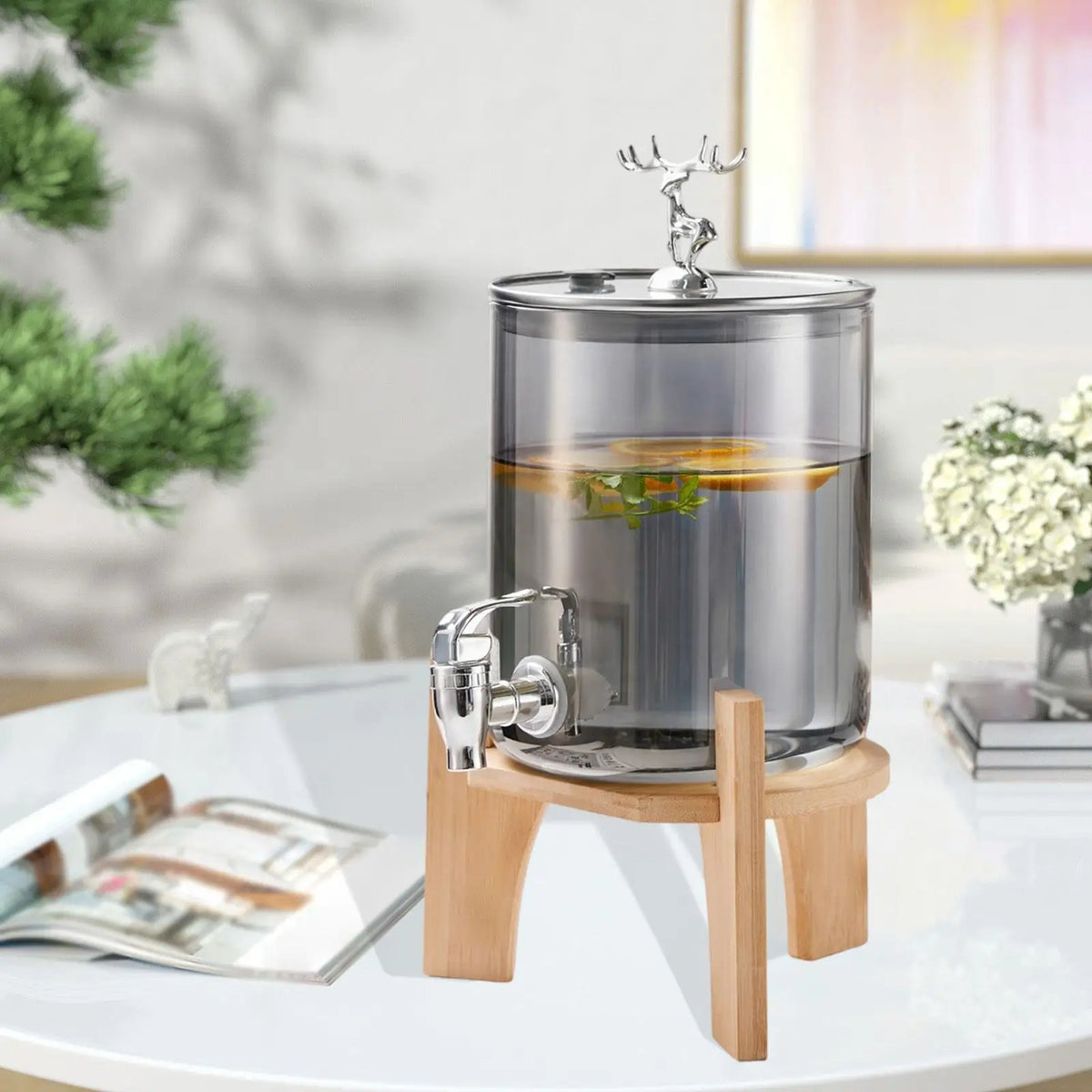 Cold Kettle Drink Dispenser with Glass Body and Bamboo Stand Party Drink Jug for Events Gatherings Different Cups Use Quake Gray