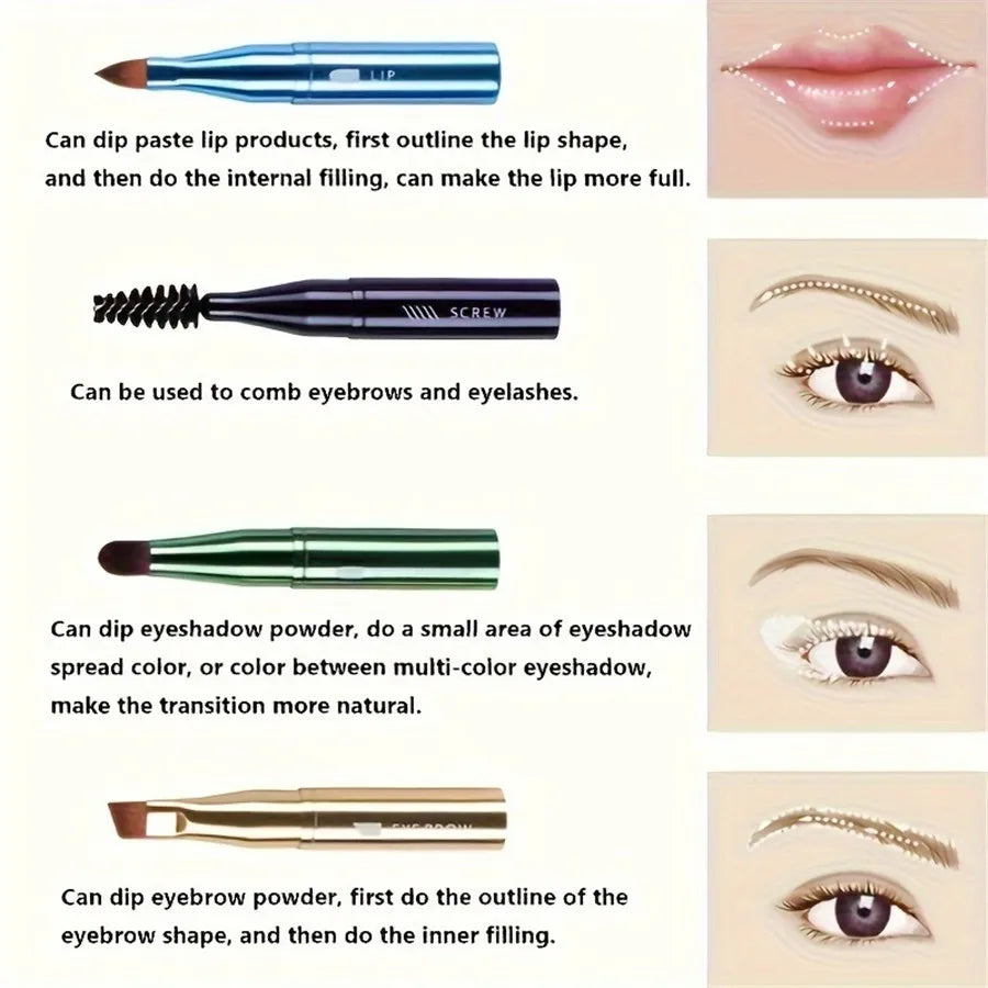 4-in-1 Portable Makeup Brush Set, Metal Handle Eyebrow & Lip Brushes with Eyelash And Eyeshadow Applicators, Travel-Friendly Quake