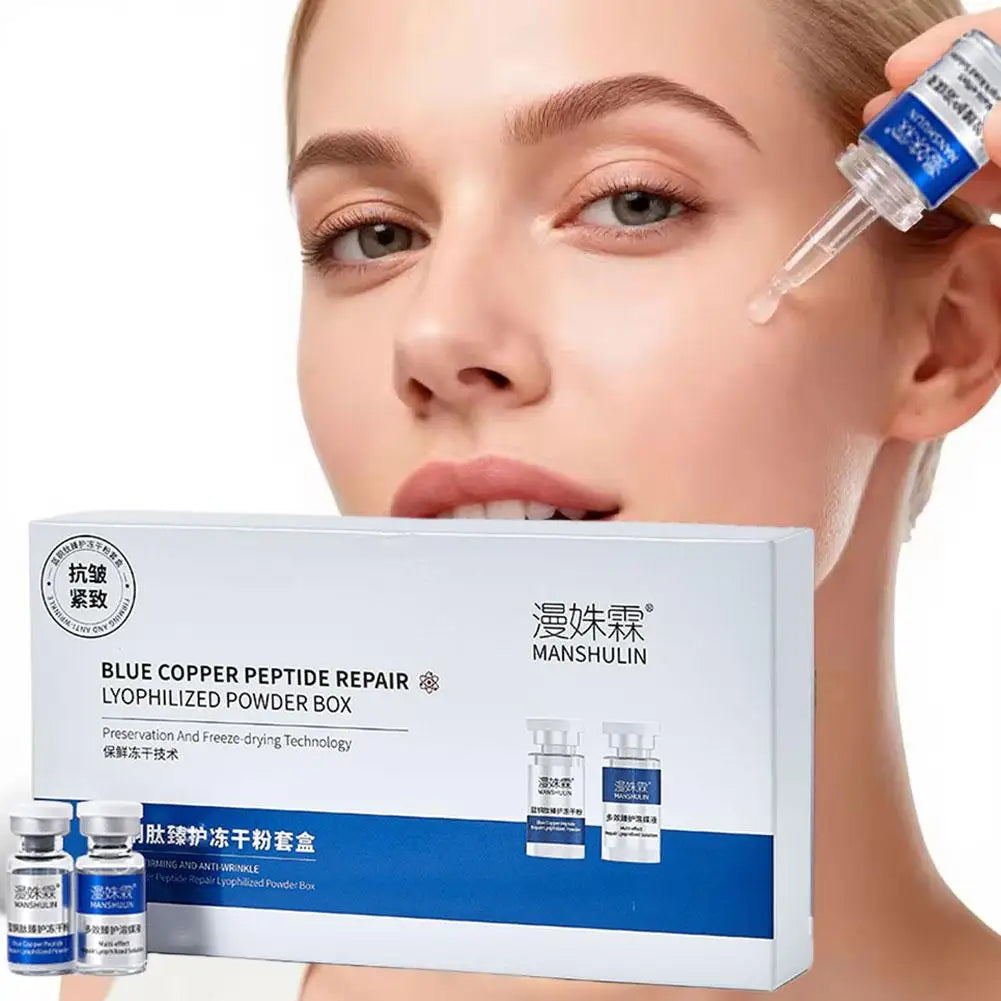 Blue Copper Peptide Repair Lyophilized Powder Box Freeze-dried Firming Essence Anti Aging Shrinks Pores Face Serum Skin Care Set Quake
