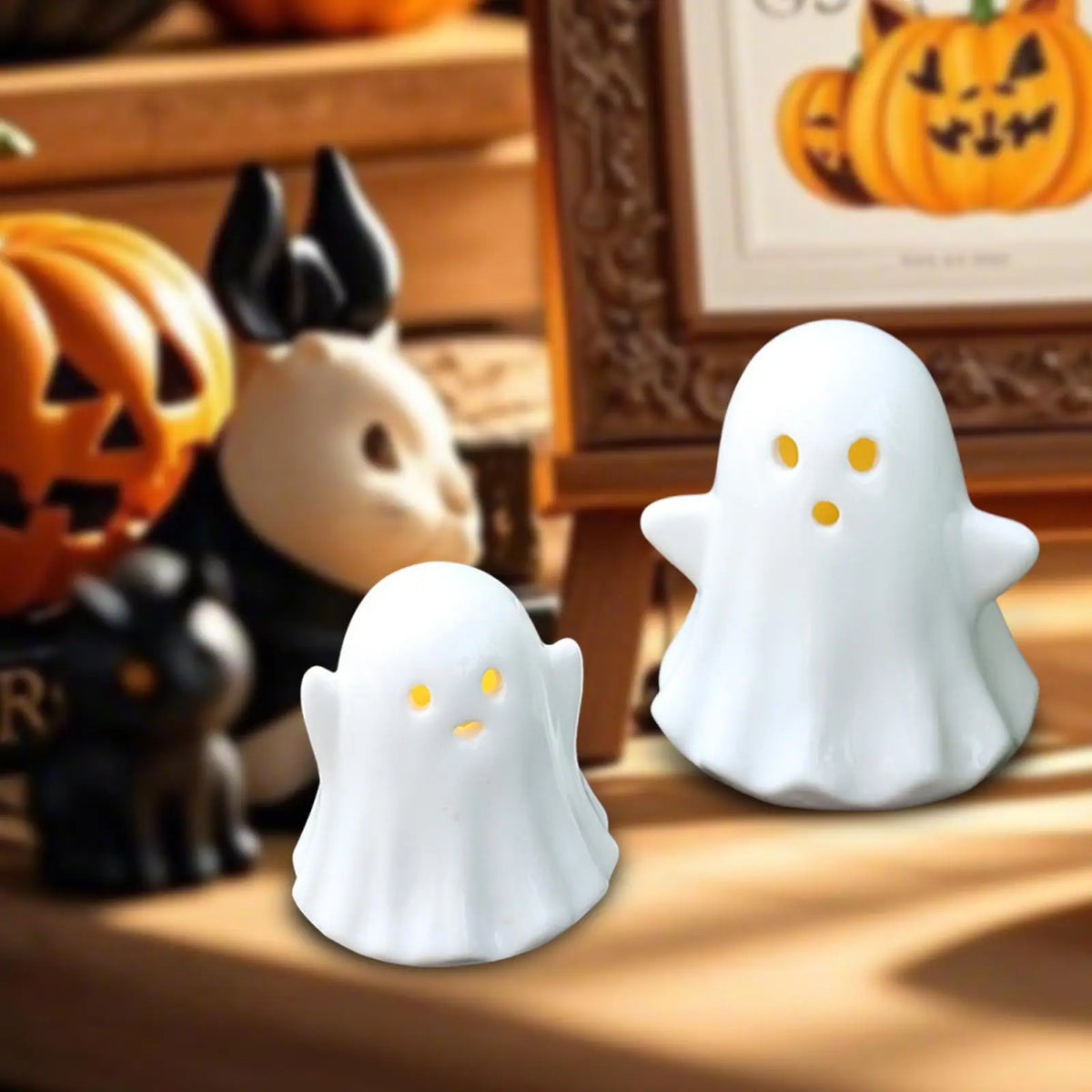 2Pcs Ceramic Ghost Small White Ghost Figurines Tabletop Ornaments Spooky Props Scary Light up for Bookshelf Home Room Kitchen Quake Default Title