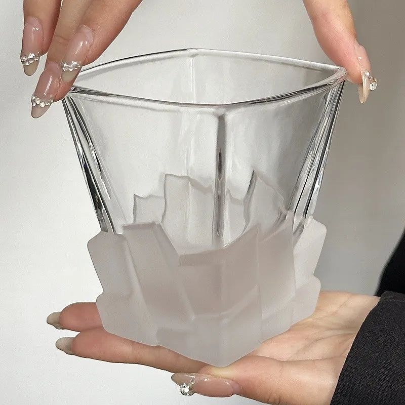 Creative Frosted Ice‑Block Glass Cup Luxury Whiskey Glass Vintage Art Drinking Cup for Cocktail Juice Beverage Quake