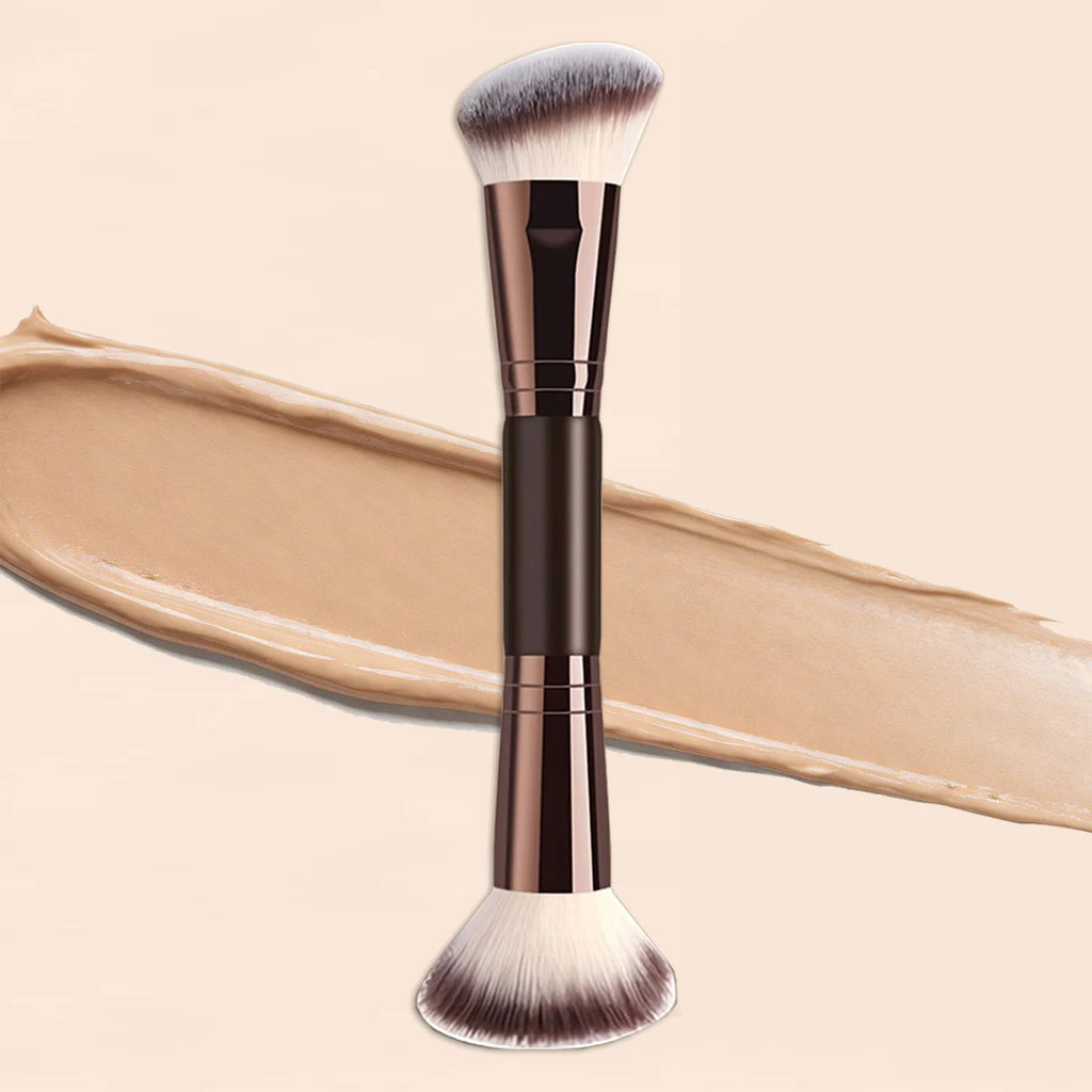 Dual-Ended Makeup Brush - Angled Contour & Flat Head Foundation Brush for BB Cream, Liquid Foundation, Seamless Blending Quake Brown