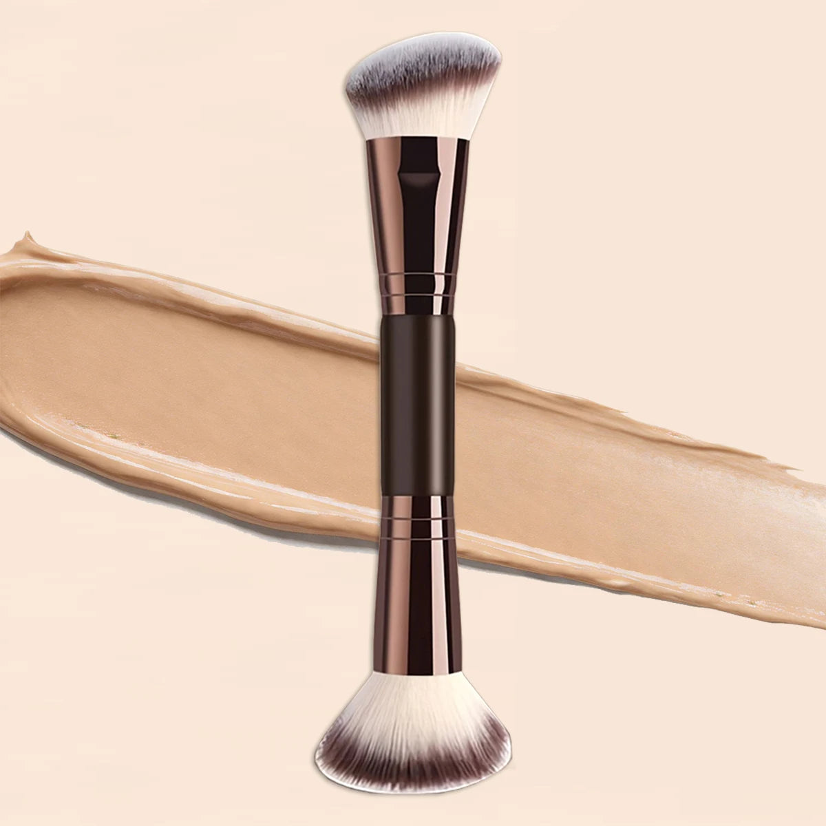 Dual-Ended Makeup Brush - Angled Contour & Flat Head Foundation Brush for BB Cream, Liquid Foundation, Seamless Blending Quake Brown