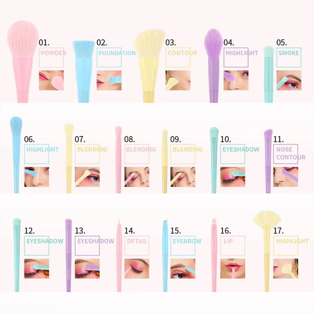 17pcs Soft Candy Colored Makeup Brush Set for Application During Parties, Dates, Outdoor Events - Loose Powder, Painting, Detail Quake