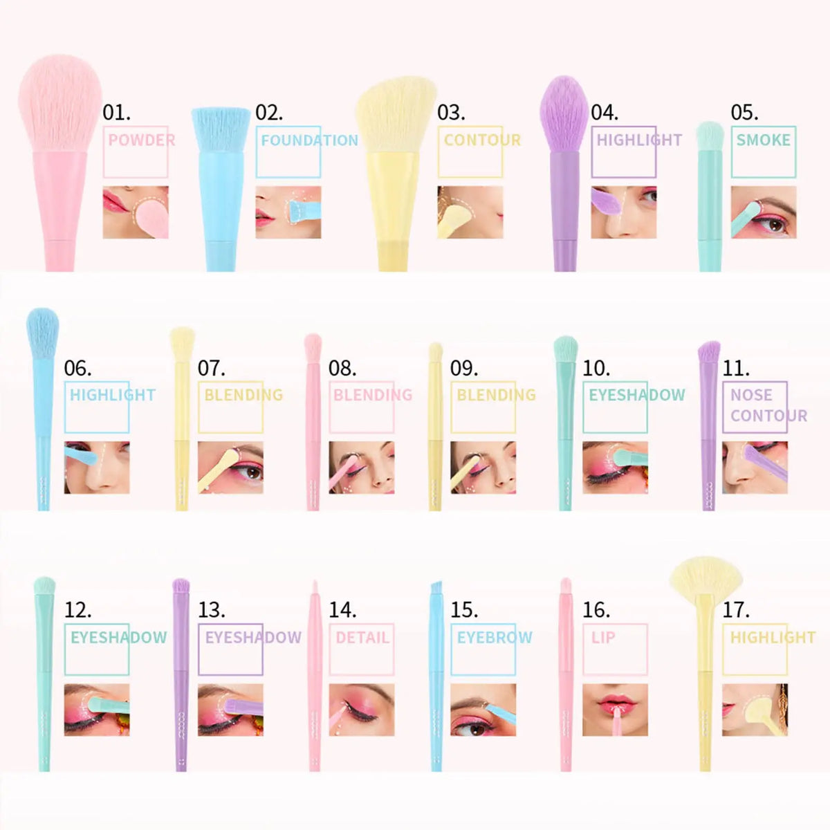 17pcs Soft Candy Colored Makeup Brush Set for Application During Parties, Dates, Outdoor Events - Loose Powder, Painting, Detail Quake