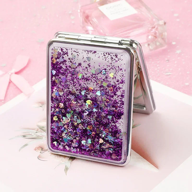 Portable Double-Sided Folding Makeup Mirror Women Gifts with Flowing Sparkling Sand Mini Cosmetic Mirror Compact Pocket Mirrors Quake square purple