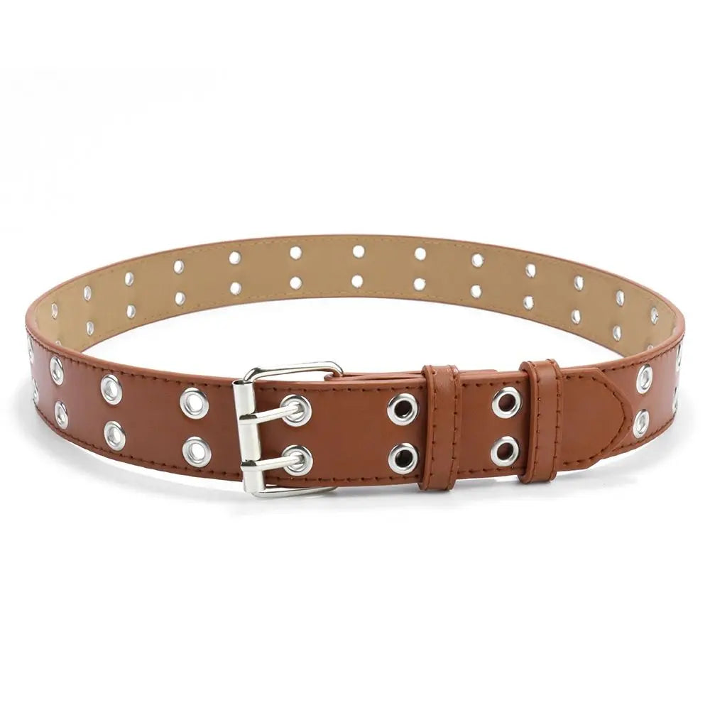 Fashion Punk Waistband PU Leather Double Holes Waist Strap Metal Pin Buckle Solid Color Decoration Belt Children Quake brown